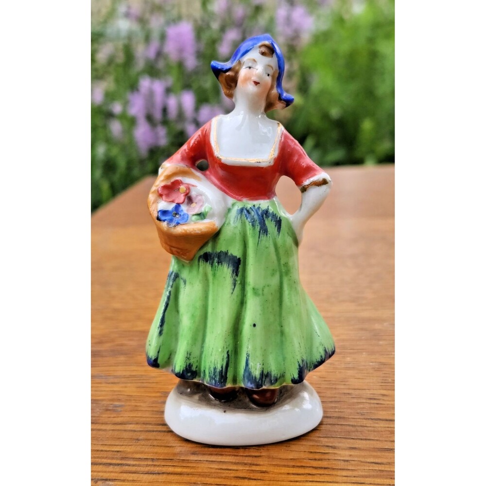 Vintage Occupied Japan Porcelain Colonial Lady Figurine Woman Flower Basket 4"H